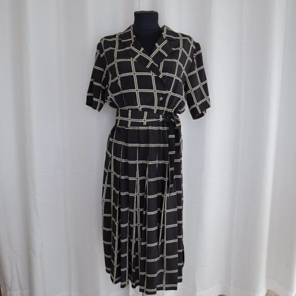 Vintage 1970s/1980s Windowpane Check Pleated Midi Wrap Dress Sz 6 - Picture 2 of 8